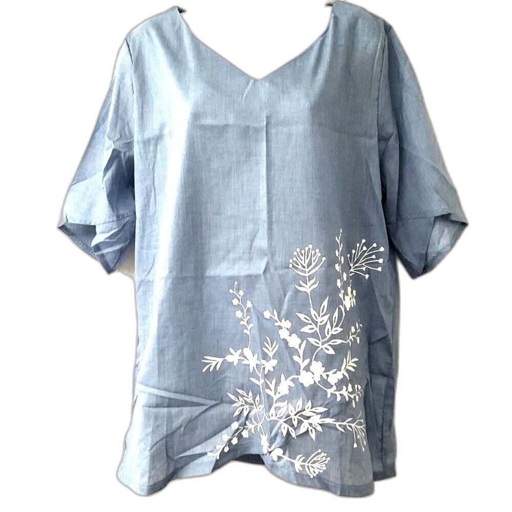 MISSLOOK Blue White Floral Asymmetric Print V-Neck Blouse L NWT